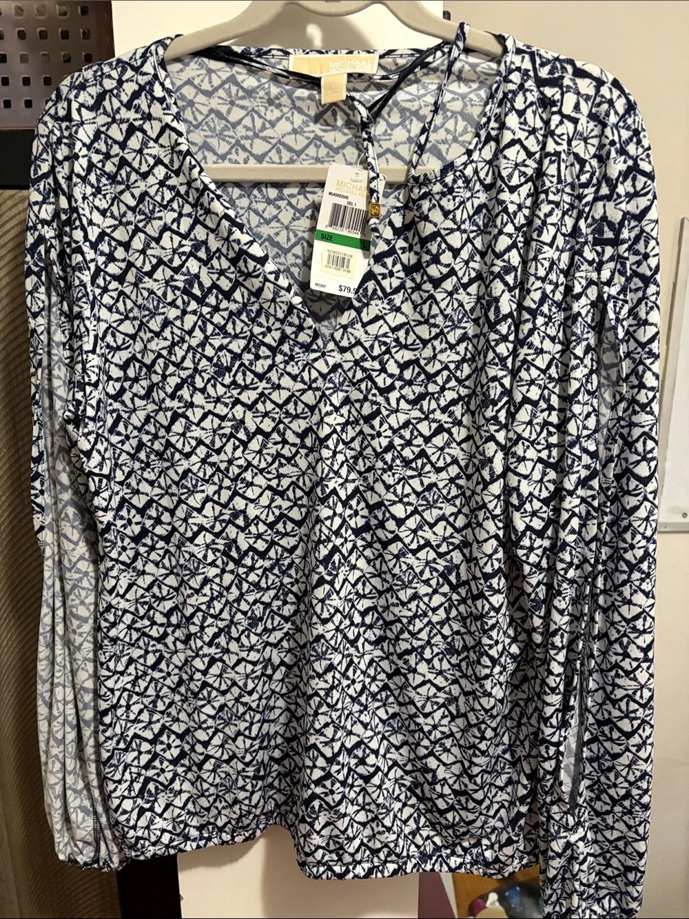 Michael Kors Navy & White Geometric V-Neck Long Sleeve Tee